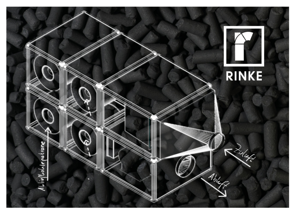 Schematische Darstellung einer Aktivkohleanlage. Im Hintergrund sind Aktivkohlepellets zu sehen